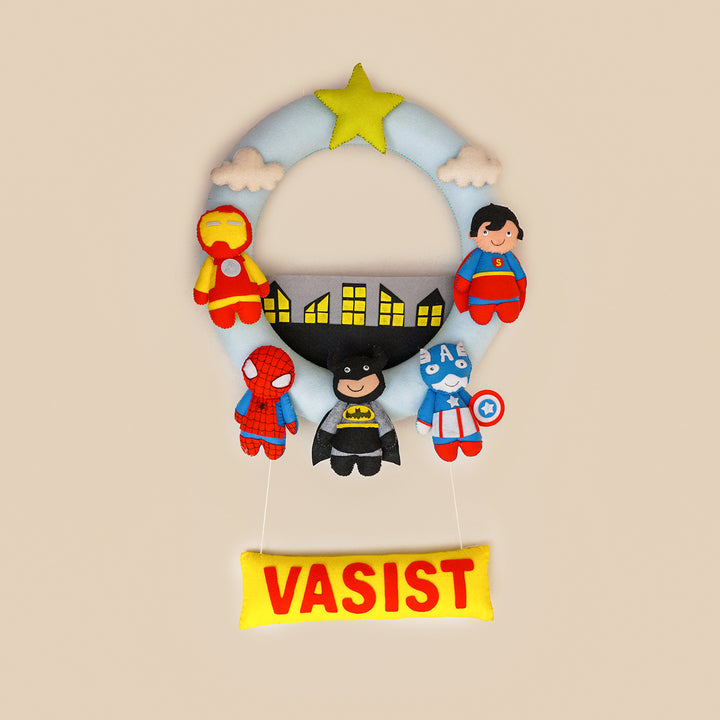 Handmade Personalized Superhero Themed Felt Kids Name Hanging - Front View Hanging Name Display