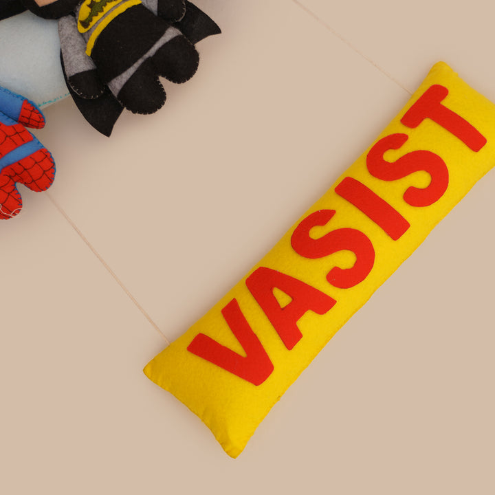 Handmade Personalized Superhero Themed Felt Kids Name Hanging - Top View with Name Personalization