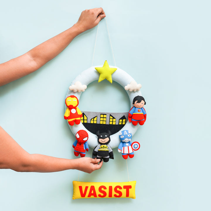 Handmade Personalized Superhero Themed Felt Kids Name Hanging - Hanging Display with Name Personalization