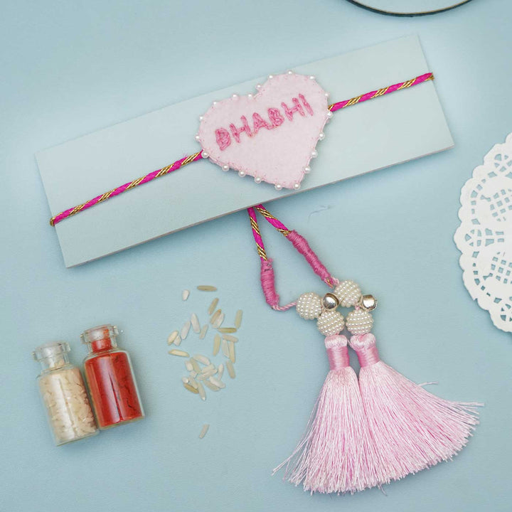 Handmade Pink Heart Felt Rakhi With Roli Chawal for Bhabhi