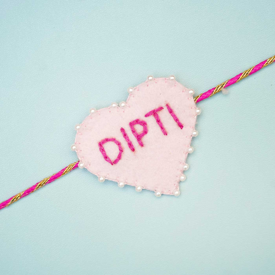 Personalized Handmade Pink Heart Felt Rakhi With Roli Chawal