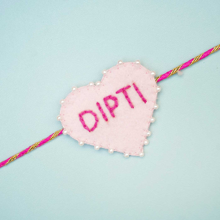 Personalized Handmade Pink Heart Felt Rakhi With Roli Chawal