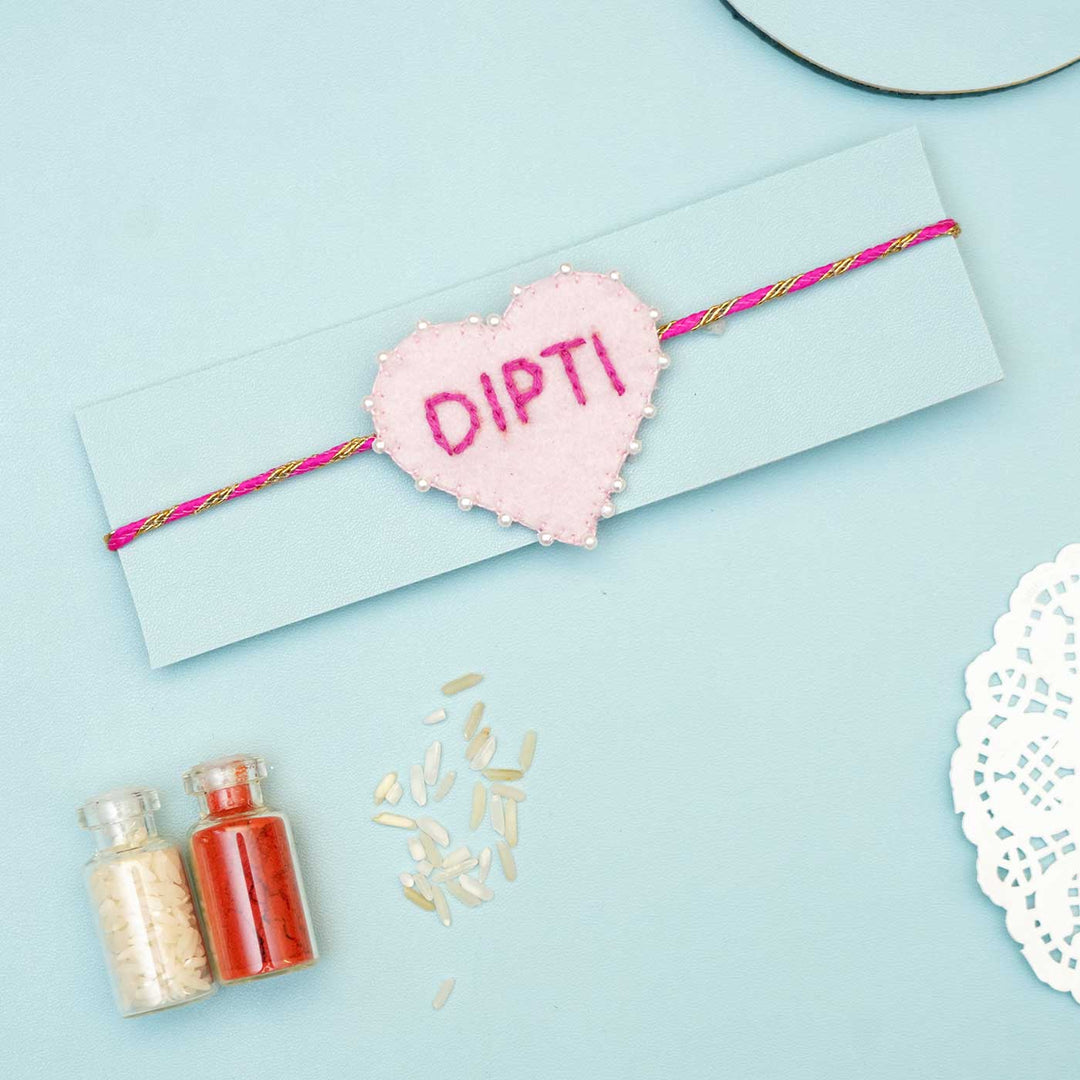 Personalized Handmade Pink Heart Felt Rakhi With Roli Chawal