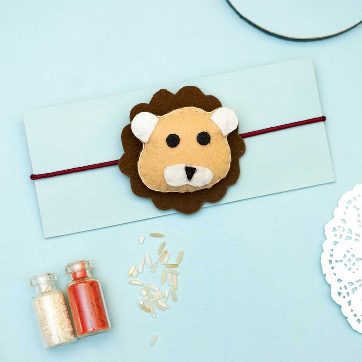 Handmade Lion Felt Kids Rakhi With Roli Chawal