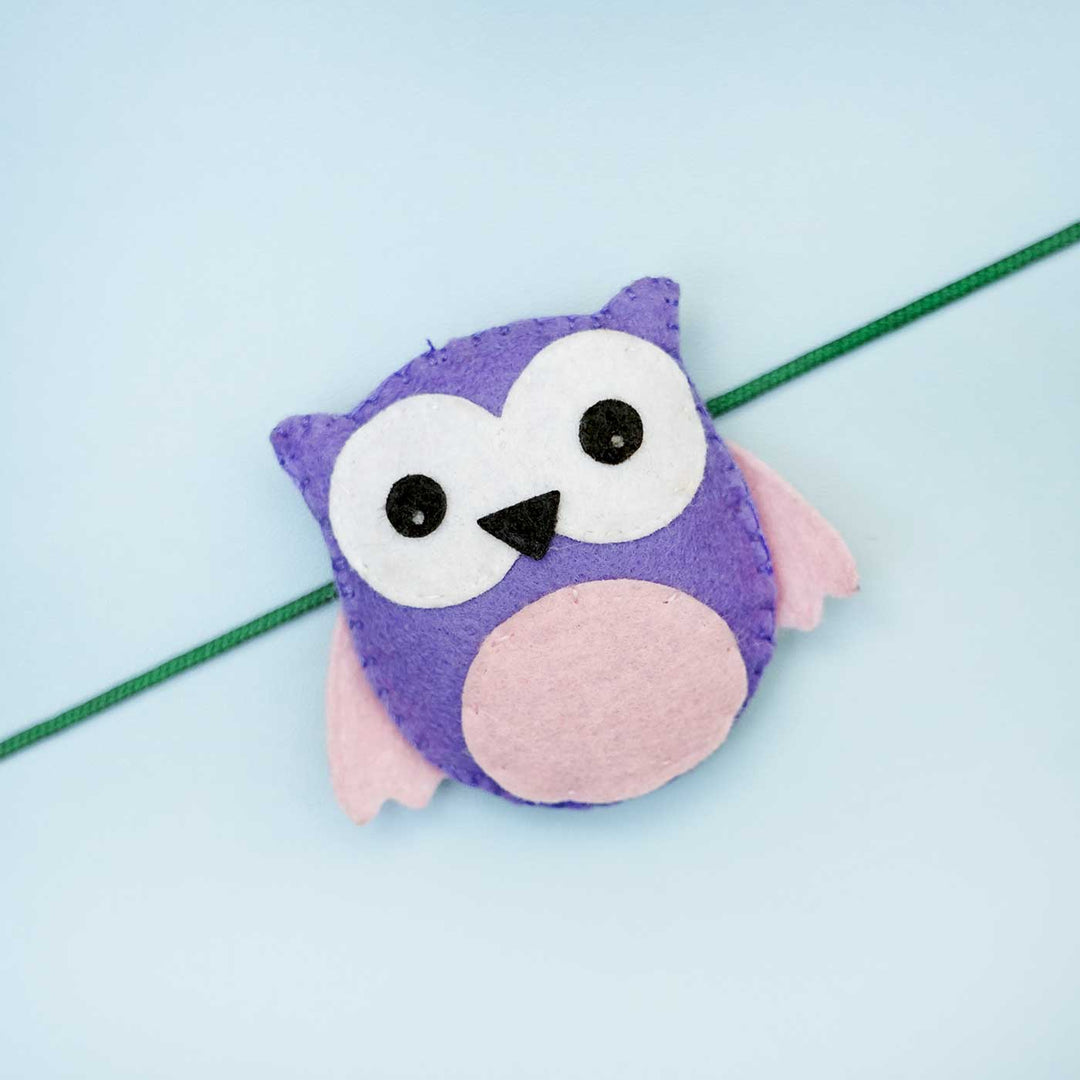Handmade Owl Felt Rakhi With Roli Chawal - Close-up of Owl Rakhi