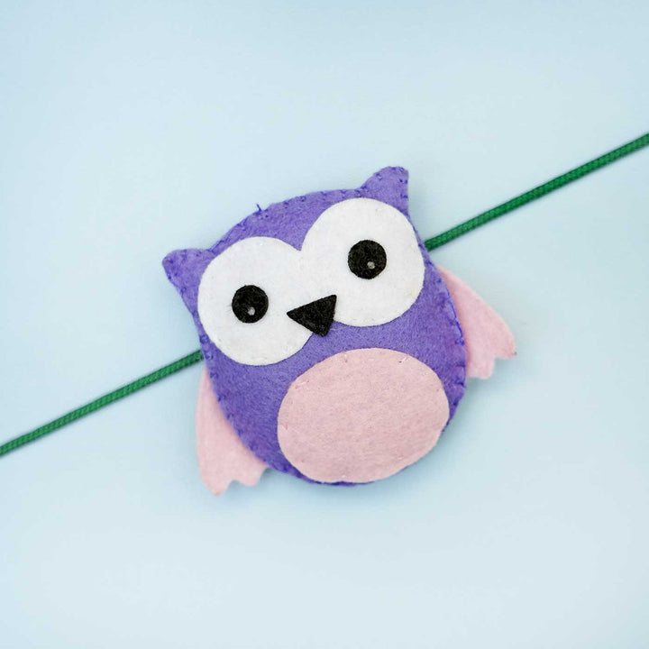 Handmade Owl Felt Rakhi With Roli Chawal - Close-up of Owl Rakhi
