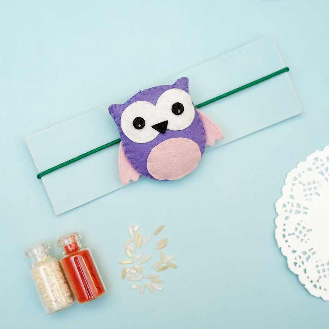 Handmade Owl Felt Rakhi With Roli Chawal - Owl Rakhi on Card Display