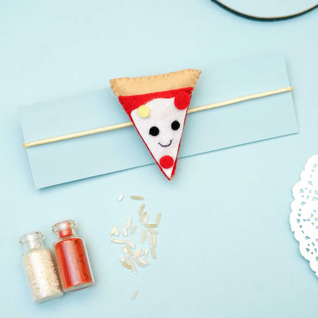 Handmade Pizza Felt Rakhi With Roli Chawal - Pizza Slice on Envelope Display