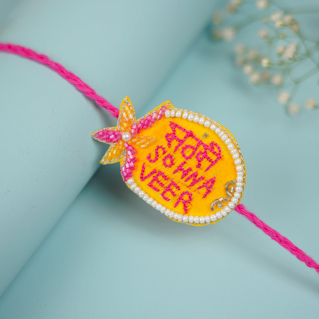 Handmade Beaded Sabse Sona Bhaiya Bhabhi Rakhi With Roli Chawal - Embroidered Pendant Side Angle