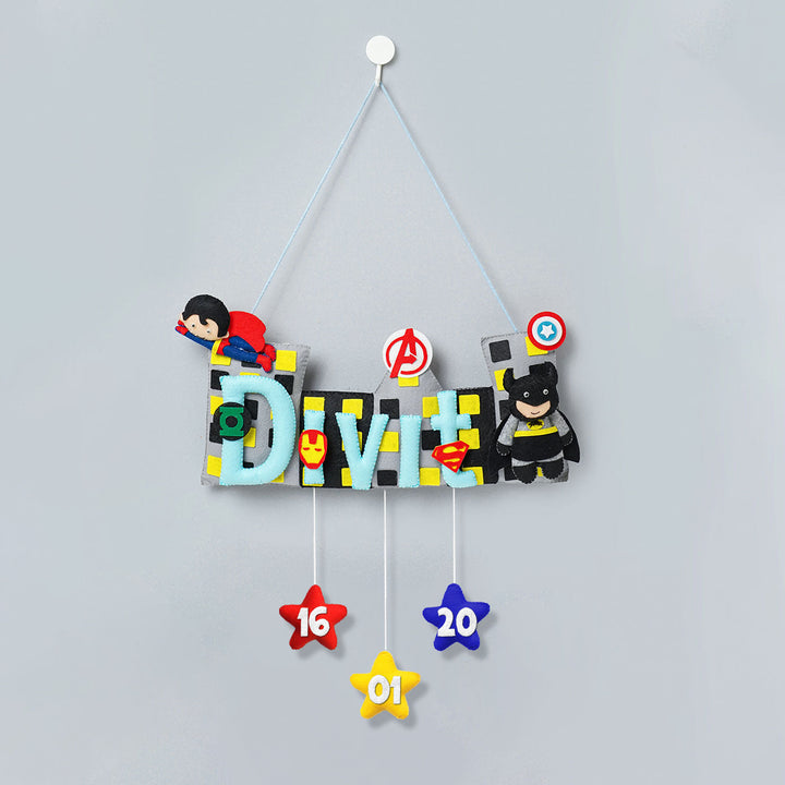 Handcrafted Superhero Themed Rectangle Felt Name Plate for Kids