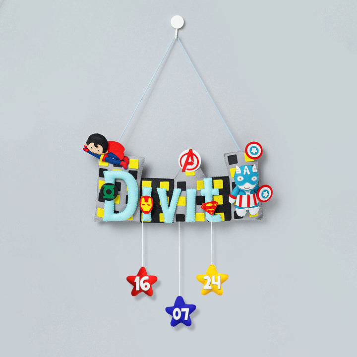 Handcrafted Superhero Themed Rectangle Felt Name Plate for Kids