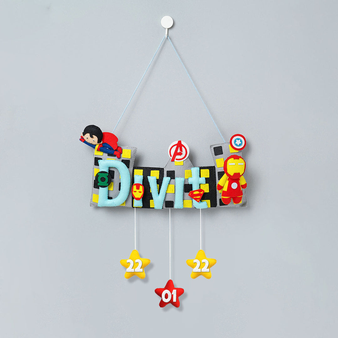 Handcrafted Superhero Themed Rectangle Felt Name Plate for Kids