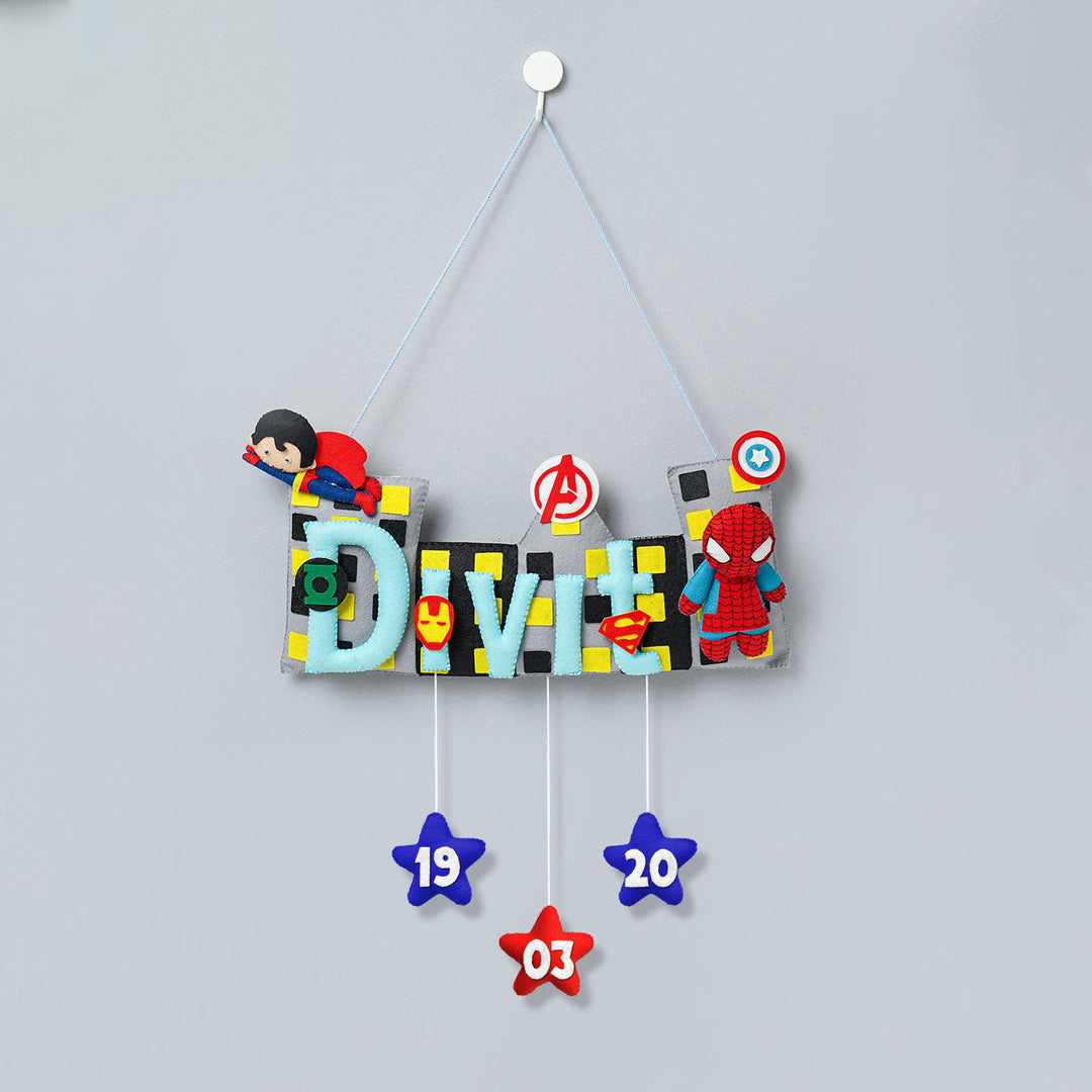 Handcrafted Superhero Themed Rectangle Felt Name Plate for Kids