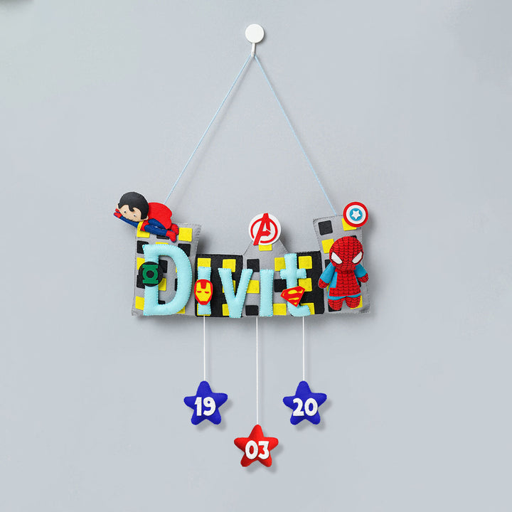 Handcrafted Superhero Themed Rectangle Felt Name Plate for Kids