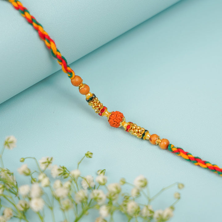Handmade Beaded Rudraksh Rakhi With Roli Chawal - Close-up of Beaded Bracelet