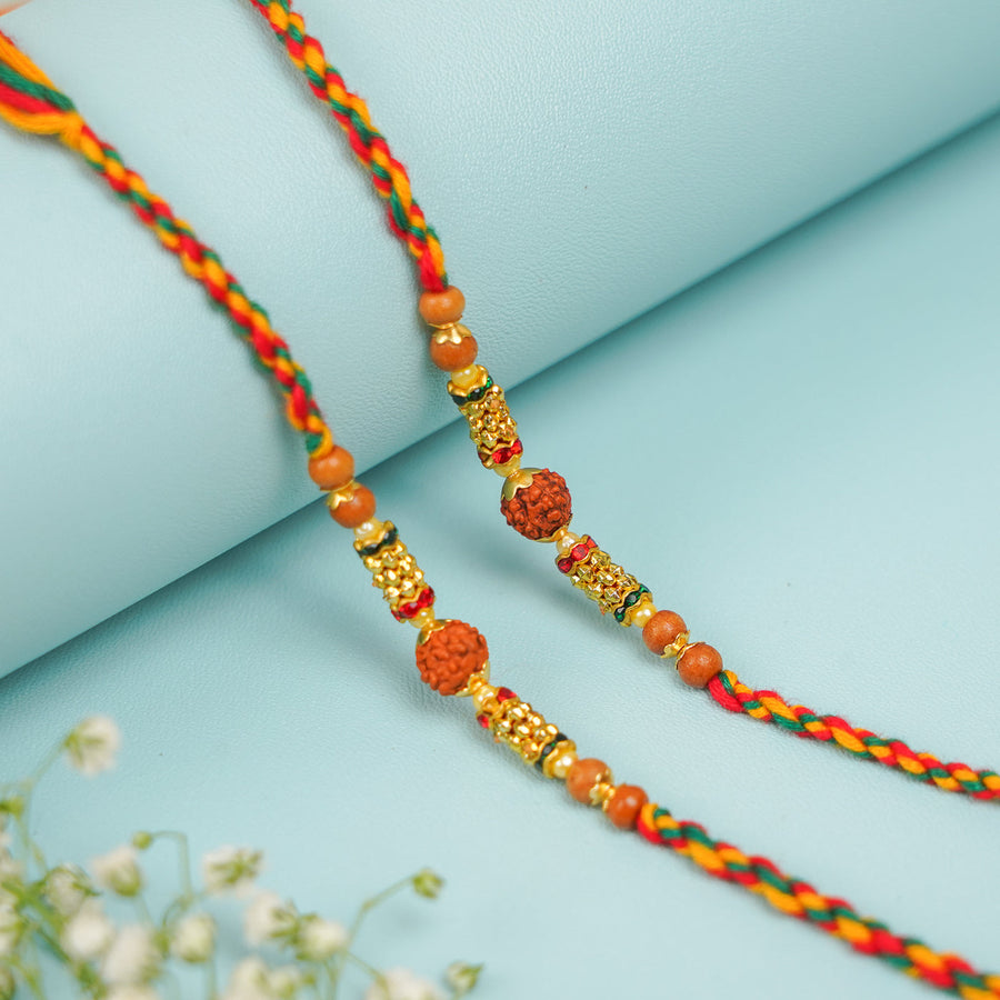 Handmade Beaded Rudraksh Rakhi With Roli Chawal Set Of 2 - Close-up of beaded bracelet