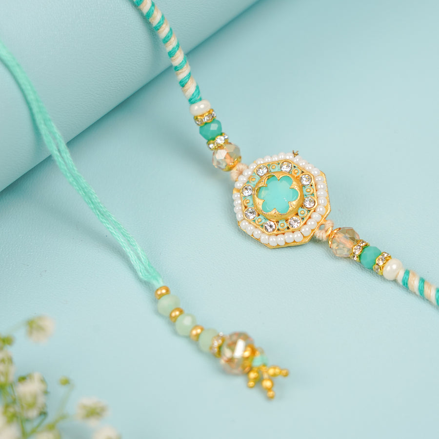 Handmade Sea Green Jadtar Bhaiya Bhabhi Rakhi With Roli Chawal Set Of 2 - Close-up of beaded bracelet detail