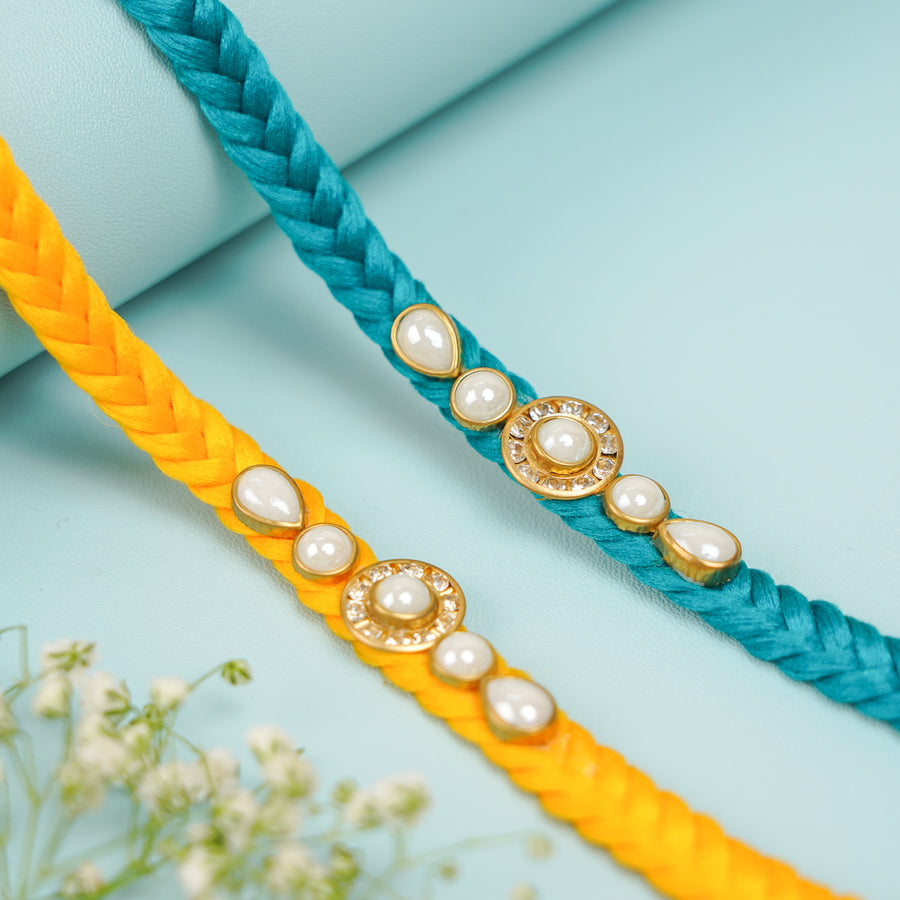 Handmade Braided Jadtar Silk Rakhi With Roli Chawal Set Of 2 - Dual Bracelet Display