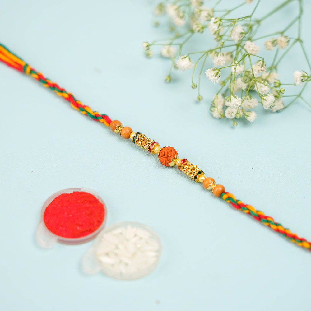 Handmade Beaded Rudraksh Rakhi With Roli Chawal Set Of 2 - Single bracelet with powders and flower