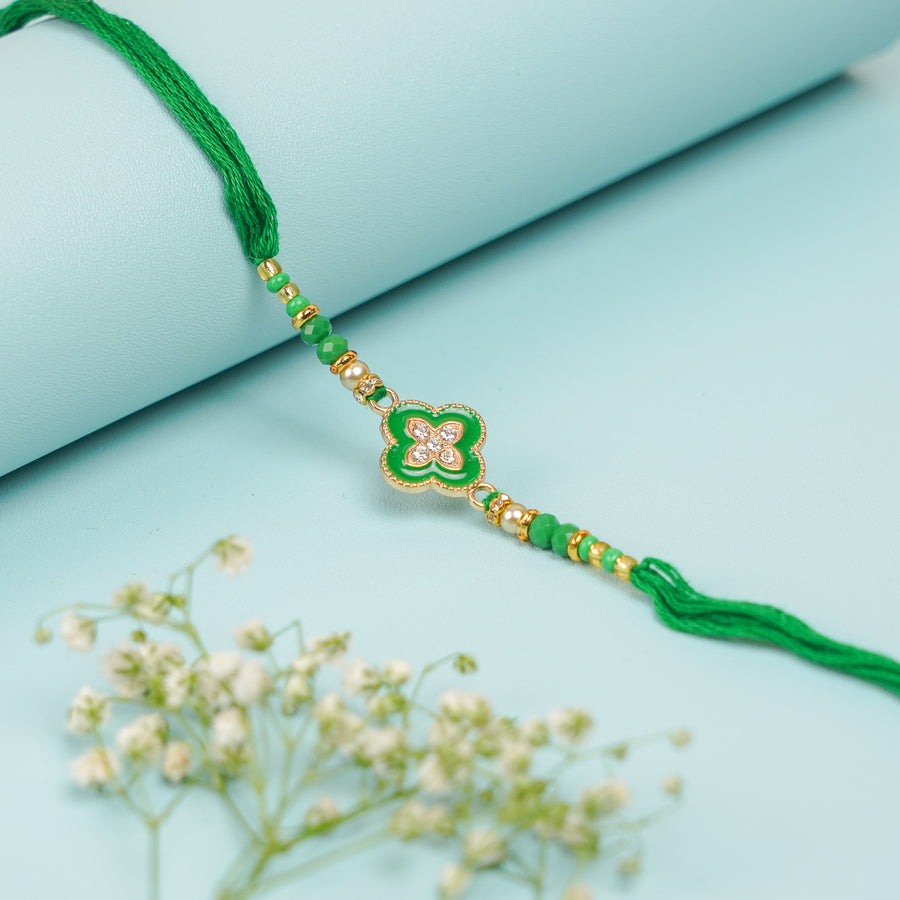 Handmade Green Jadtar Rakhi With Roli Chawal - Front View