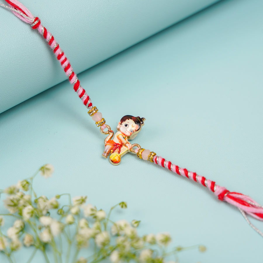 Handmade Baal Hanuman Rakhi With Roli Chawal - Close-up View