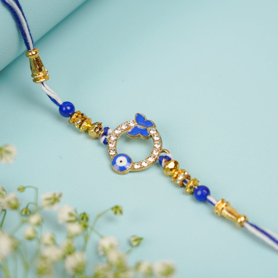 Handmade Beaded Buttefly And Evil Eye Rakhi With Roli Chawal - Close-up of Bracelet Details