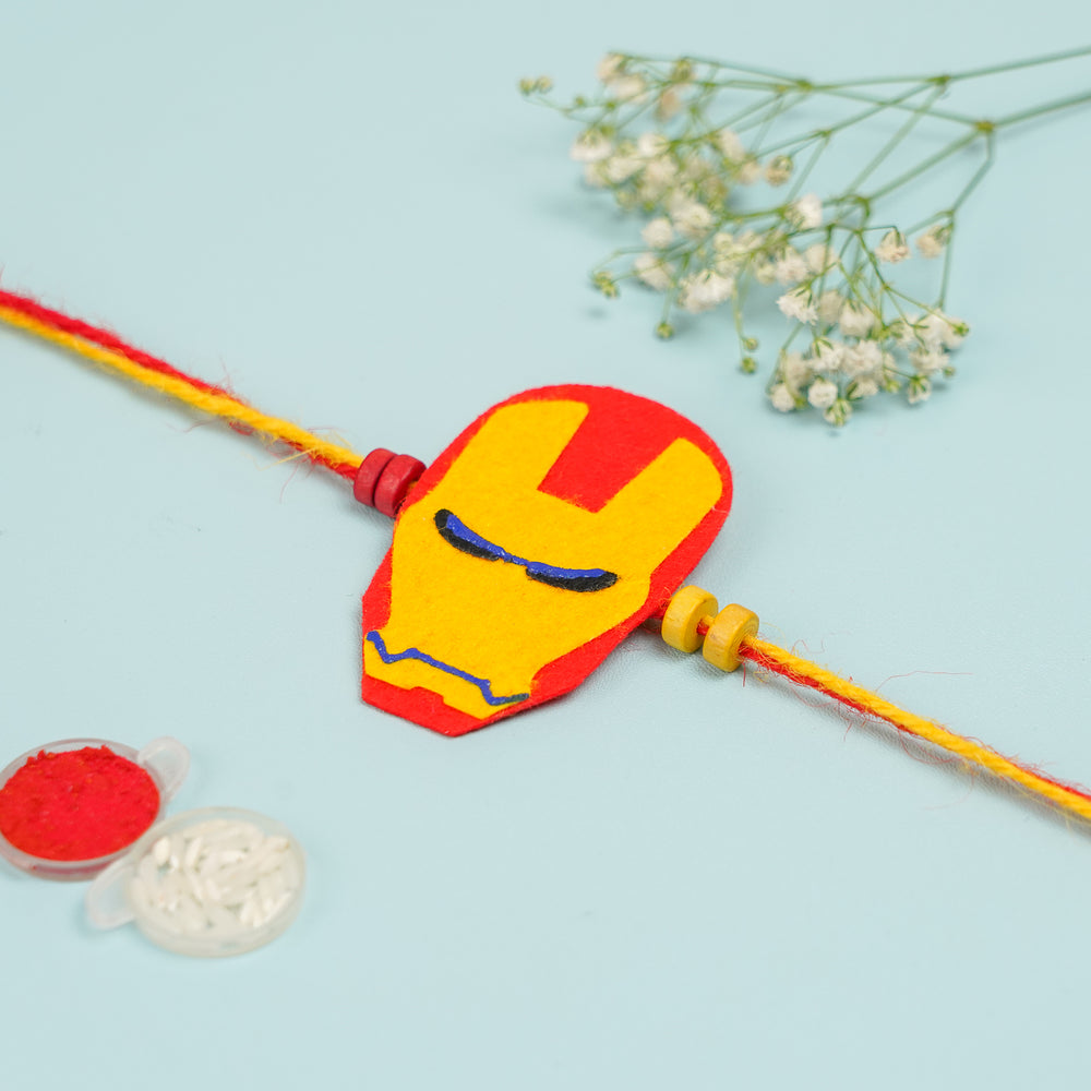 Handmade Iron Man Theme Felt Kids Rakhi With Roli Chawal 2 - Full Length with Accessories