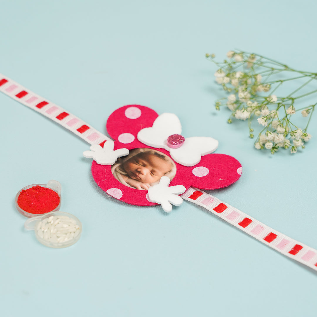 Photo Personalized Resuable Minnie Theme Felt Kids Rakhi With Roli Chawal - Top View Showing Full Length
