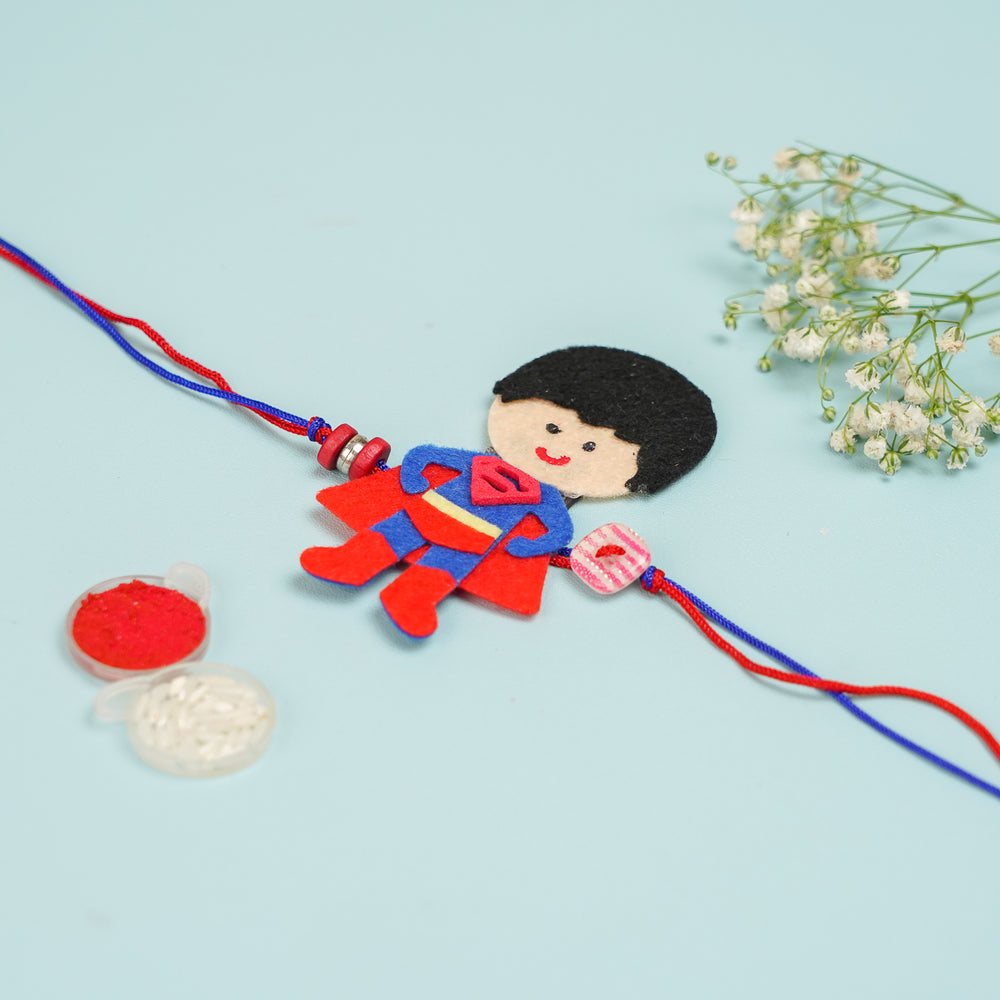 Handmade Superman Theme Felt Kids Rakhi With Roli Chawal - Full Product Layout View
