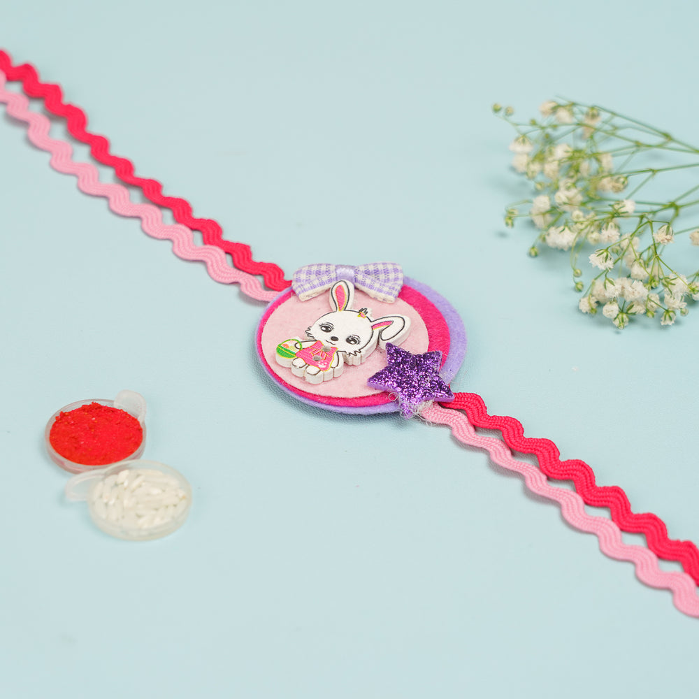 Handmade Bunny Theme Felt Kids Rakhi With Roli Chawal 1 - Full Product Layout with Accessories