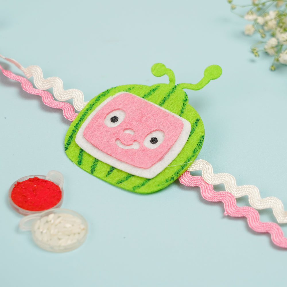 Handmade Cocomelon Theme Felt Kids Rakhi With Roli Chawal 2 - Front View with Decorative Straps