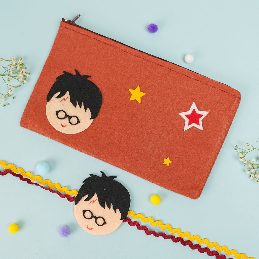 Handmade Harry Potter Theme Felt Rakhi Hamper With Roli Chawal Includes 1 Pouch 1 Rakhi - Flat Lay Showing Pouch and Wristband