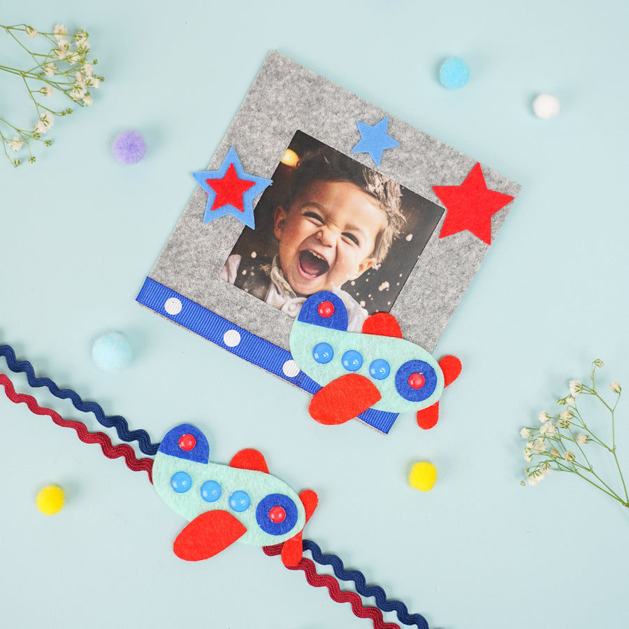 Photo Personalized Aeroplane Theme Felt Rakhi Hamper With Roli Chawal Includes 1 Magnetic Photo Frame 1 Rakhi - Decorative Photo Frame with Airplanes