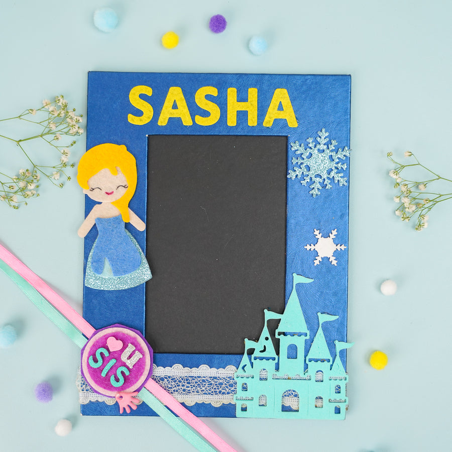 Photo Personalized Frozen Theme Felt Rakhi Hamper With Roli Chawal Includes 1 Photo Frame 1 Rakhi - Front View with Name Personalization