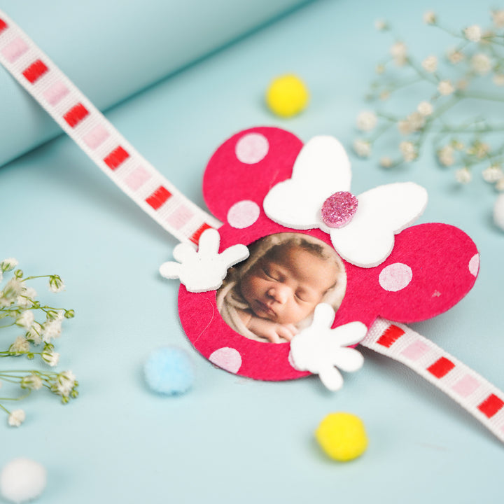 Photo Personalized Resuable Minnie Theme Felt Kids Rakhi With Roli Chawal - Close-up with Baby Photo Insert