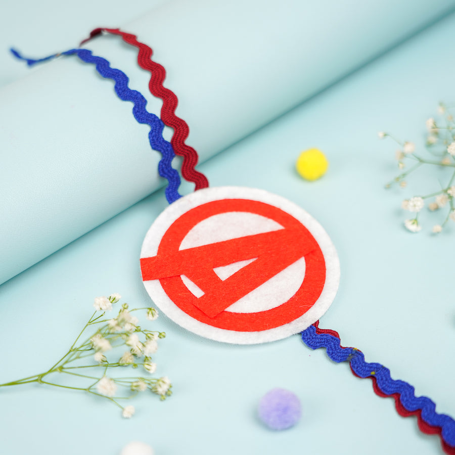 Handmade Avengers Theme Felt Kids Rakhi With Roli Chawal - Front View with Decorative Elements