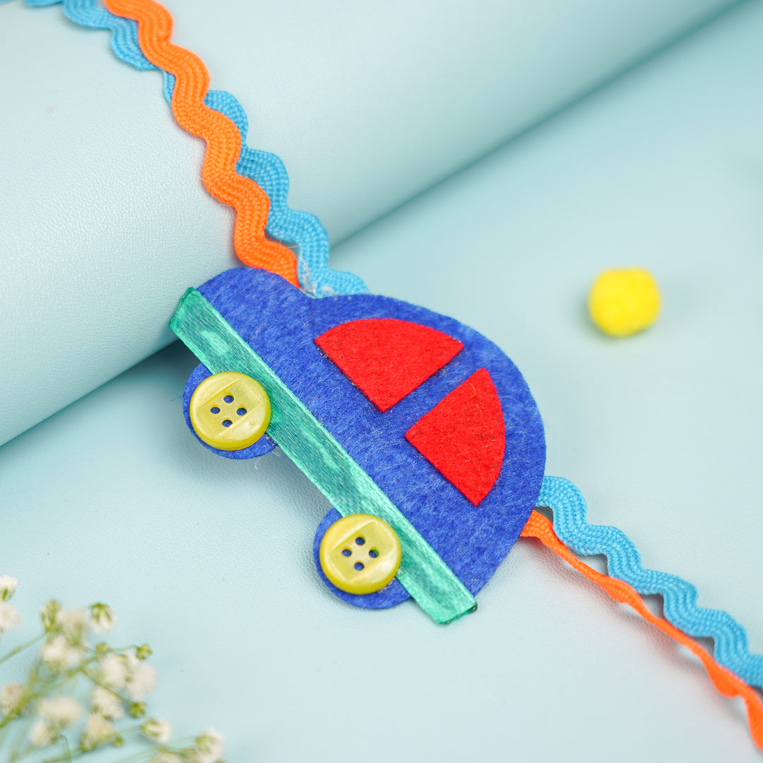 Handmade Car Theme Felt Kids Rakhi With Roli Chawal 2 - Close-up on Car Accent