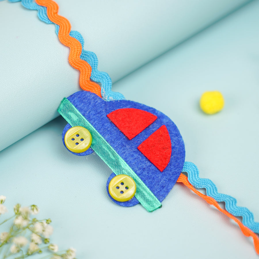 Handmade Car Theme Felt Kids Rakhi With Roli Chawal 2 - Close-up on Car Accent