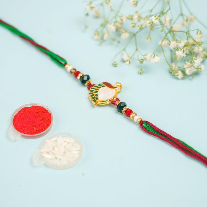 Handmade Beaded Peacock Bhaiya Bhabhi Rakhi With Roli Chawal Set Of 2 - Single Bracelet with Rice and Red Powder