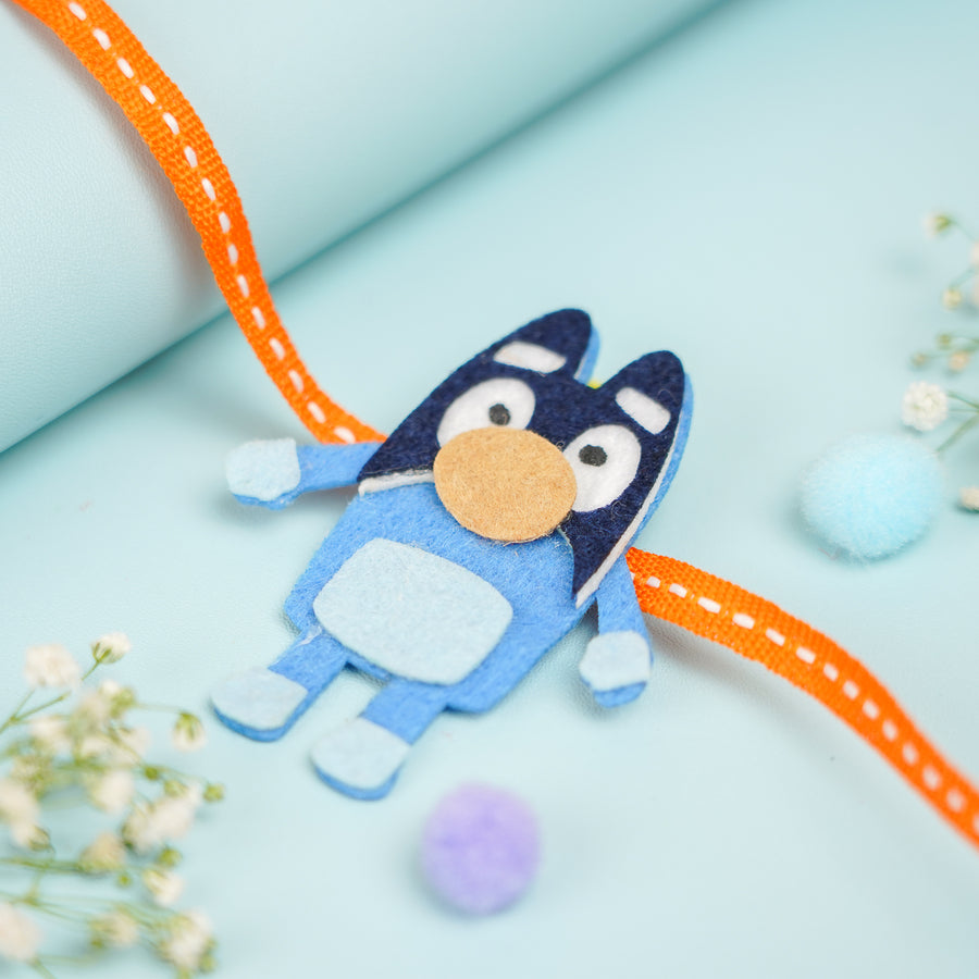 Handmade Bluey Theme Felt Kids Rakhi With Roli Chawal - Close-up on Character Detail