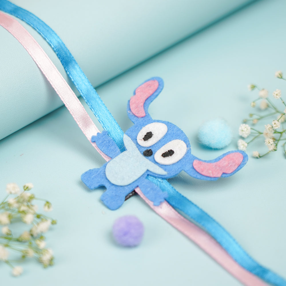 Photo Personalized Stitch Theme Felt Rakhi Hamper With Roli Chawal Includes 1 Magnetic Photo Frame 1 Rakhi - Close-up of Ribbon with Character