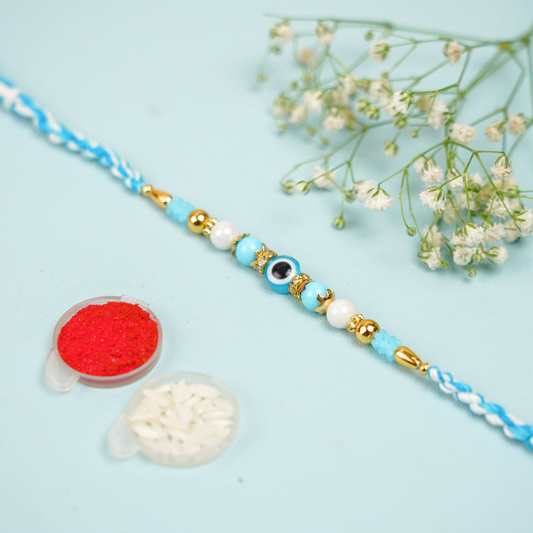 Handmade Beaded Blue Evil Eye Bhaiya Bhabhi Rakhi With Roli Chawal Set Of 2 - Full Bracelet with Accessories