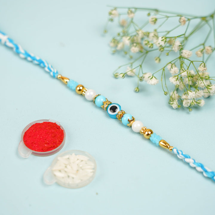 Handmade Beaded Blue Evil Eye Bhaiya Bhabhi Rakhi With Roli Chawal Set Of 2 - Full Bracelet with Accessories