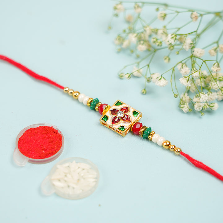 Handmade Square Jadtar And Pearl Bhaiya Bhabhi Rakhi With Roli Chawal Set Of 2 - Raksha bandhan accessories included