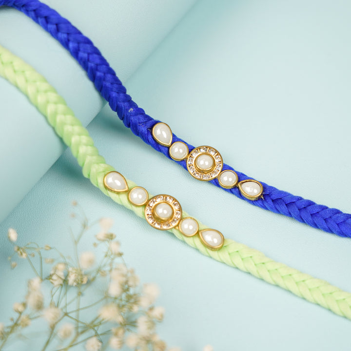 Handmade Braided Jadtar Silk Rakhi With Roli Chawal Set Of 2 - Dual Bracelet Display (4)