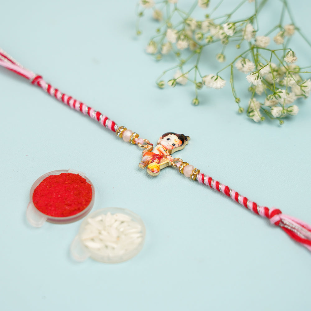 Handmade Baal Hanuman Rakhi With Roli Chawal - Full Length View with Accessories