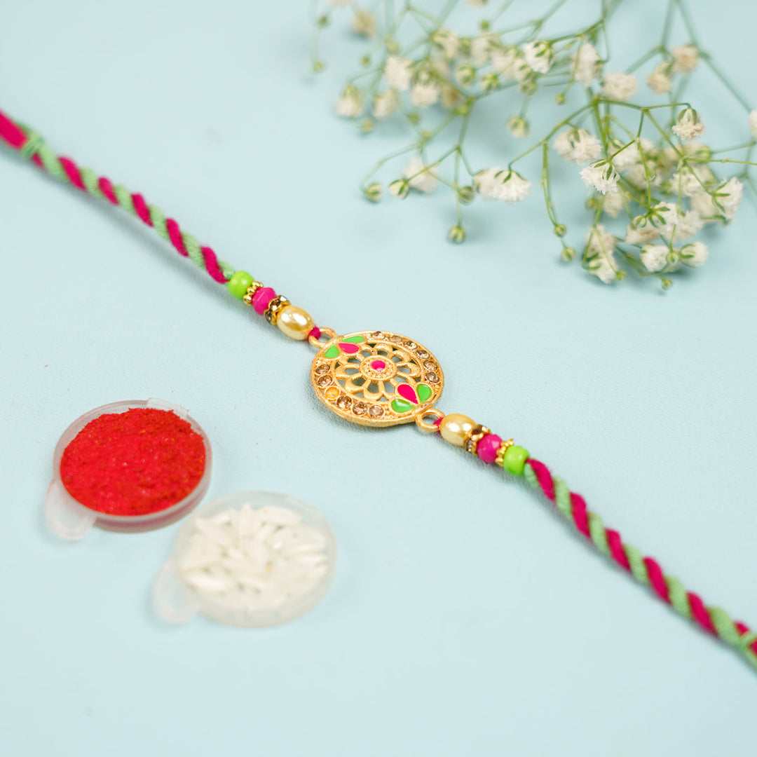 Handmade Pink Green Jadtar Round Rakhi With Roli Chawal - Bracelet with Accessories Included