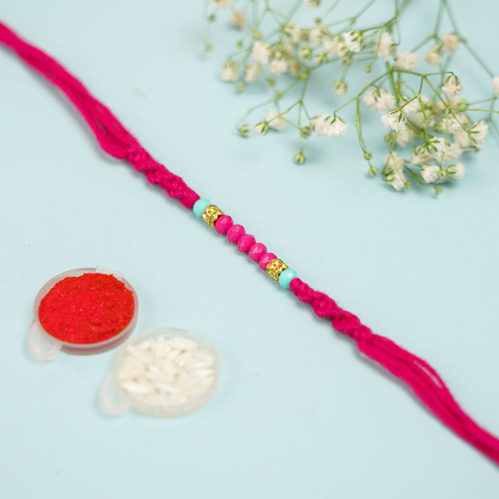 Handmade Beaded Pink Rakhi With Roli Chawal - Beaded Section with Decorative Items
