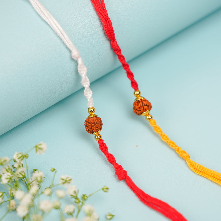 Handmade Rudraksh Rakhi With Roli Chawal Set Of 2 - Pair Display on Blue Background