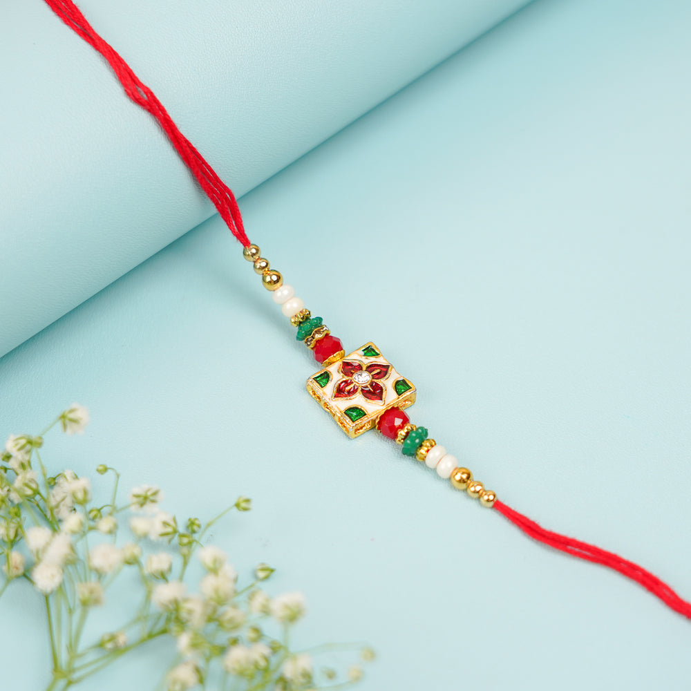 Handmade Square Jadtar And Pearl Bhaiya Bhabhi Rakhi With Roli Chawal Set Of 2 - Straight view of rakhi thread